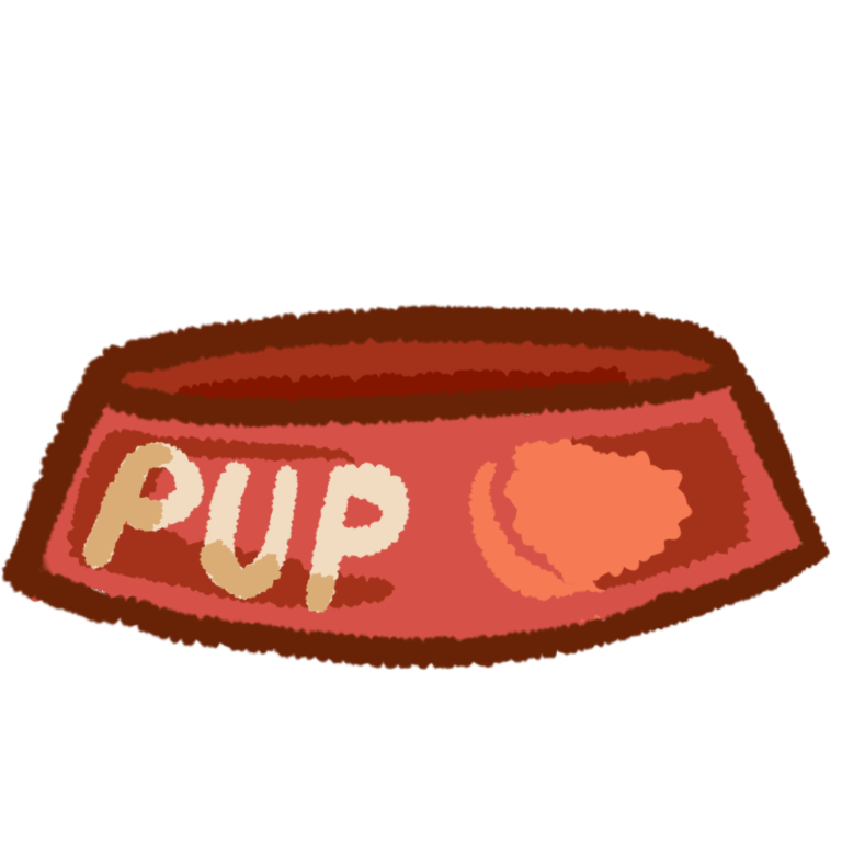  a red dog bowl with 'pup' written on the side